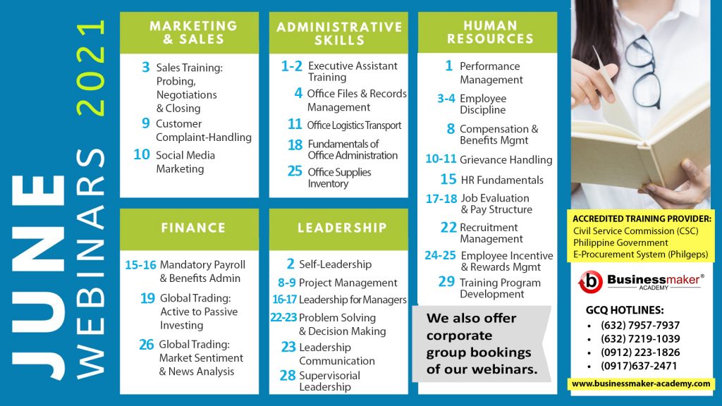 June Training Schedule of Webinars by Businessmaker Academy & HR Club Philippines